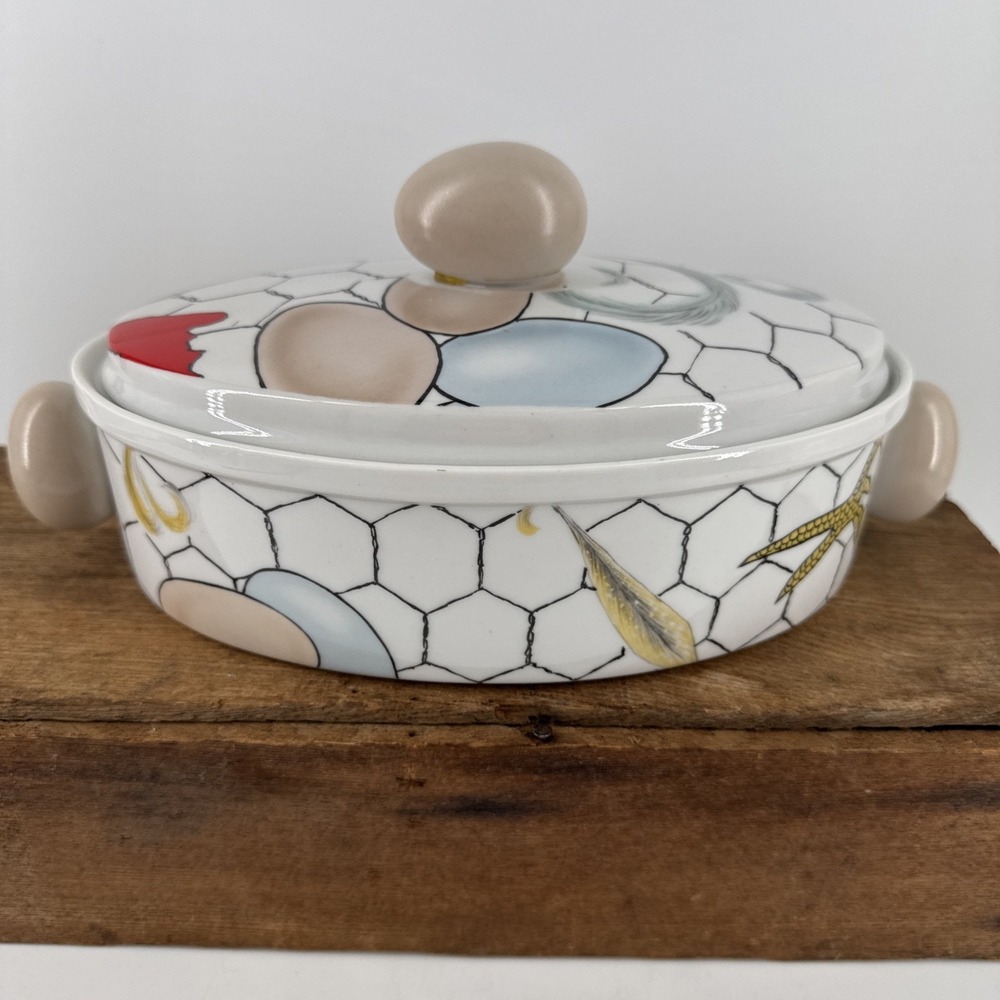 Dish & Lid Vintage Franci Villa Vanilla Palm Beach Unique Chicken Egg 1.5 Quart